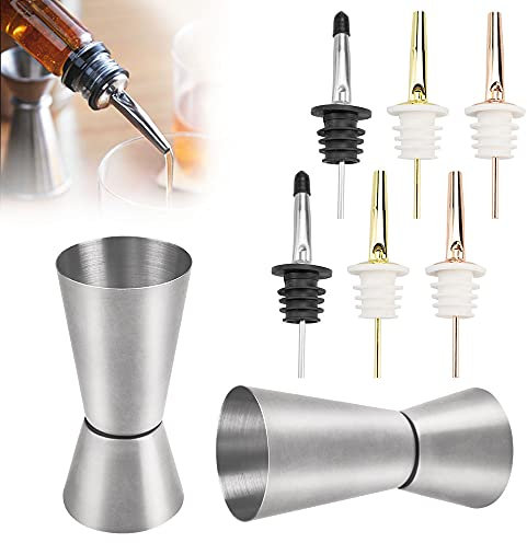 SNAGAROG 6 Boquillas para Botellas de Vino y 2 Vasos Medidores para Cócteles de 25/50 ml Boquilla para Botellas de Aceite Antigotea Vertedores de Botellas para Aceite Dorado Plateado Oro Rosado