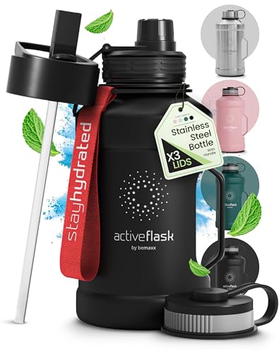 BeMaxx Trinkflasche Edelstahl ACTIVE FLASK + Strohhalm (3 Deckel) | Große 1,3 Liter Sportflasche BPA-frei Auslaufsicher Kohlensäure geeignet, 2l XL Wasserflasche Sport Outdoor Fitness Wasser Flasche