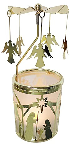 Kingnero Angel Lantern Carousel, Glass Tea Light Holder Carousel, Rotating Candle Holder, Windmill Candle for Christmas Gifts (Golden)