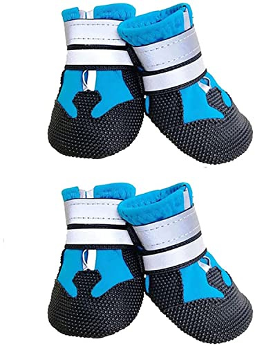 AMOMYDOG Hundeschuhe, 4 Stück Atmungsaktive Hunde Schuhe Outdoor mit Rutschfester Sohle, Verstellbarem Reflektierendem Klettverschluss Hundestiefel für kleine, Mittlere und Große Hunde (Blau, M)