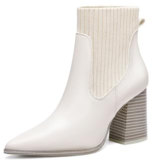 Coutgo Womens Pointed Toe Ankle Boots Elastic Chunky Block Stacked Mid Heel Comfortable Chelsea Booties Shoes