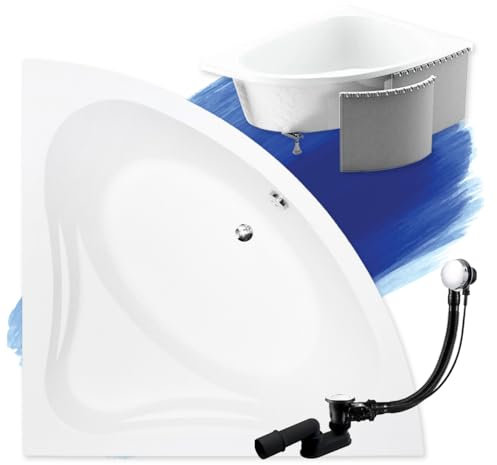 BADLAND Badewanne Original Weiß Acryl Wanne Eckbadewanne MIA 140x140 KOMPLETTSET SET mit Premium Styroporverkleidung + Füßen und Exklusive Chrom Automatik Ablaufgarnitur Made in EU 4in1