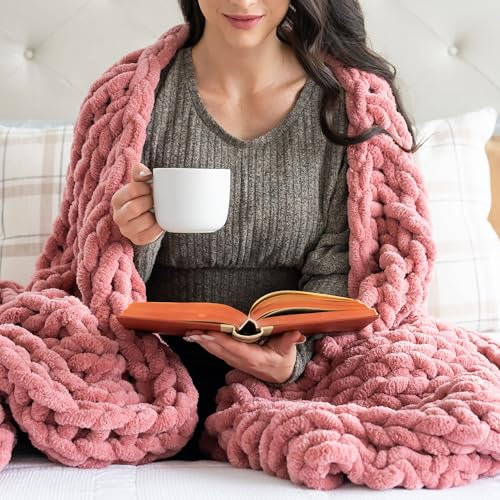 SAMIAH LUXE Rosa Grobstrick-Decke, Überwurf, 50 x 60 cm; gestrickte Überwurfdecken für Boho-Dekor, große Strickdecke, grobes Garn; Dicke Strickdecke, Dicker Zopfstrick-Überwurf für Couch,