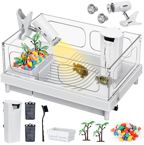 Geegoods Schildkröten-Tank-Set, kleines Schildkröten-Tank-Starter-Set, Schildkröten-Aquarium mit Licht, Filter, farbigen Felsen, Bürste und kleine Pflanze für Schildkröten, Krebse, kleine Reptilien