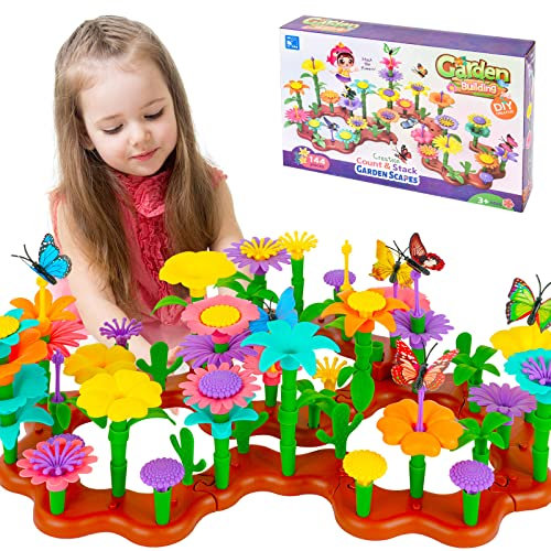 OSDUE 144pcs Set Giocattoli per Bambine di 3 Anni - Costruzione Giardino Fiorito, Bouquet Fai da Te, Kit da Giardino per Bambini - Regali