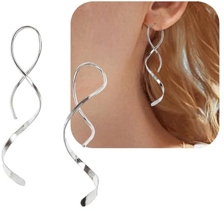 Quasten Welle Ohrringe für Damen, Spiral-Einfädler-Ohrringe Durchzieher Tropfen Ohrringe Edelstahl, Ohrhänger Lange Hängeohrringe, Hypoallergene Schmuck Ohrringe Tropfen Hängend (Silber)