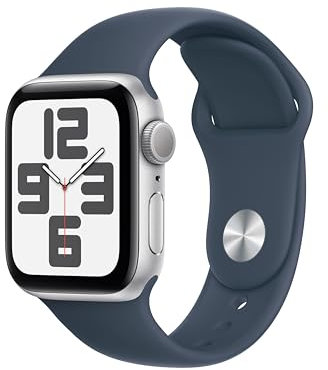 Apple Watch SE (2ᵉ génération, 2023) (40 mm GPS) Smartwatch avec boîtier en Aluminium Argent et Bracelet Sport Bleu Orage - S/M. Suivi de l’activité Physique et du Sommeil, détection des Accidents