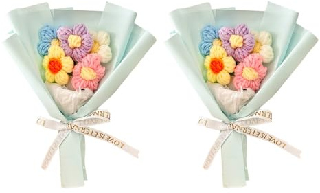 DONGKER Ramo de flores de ganchillo de 2 piezas, kit de ramo de ganchillo colorido para decoración del hogar de San Valentín, celebración, fiesta de Navidad, aniversario