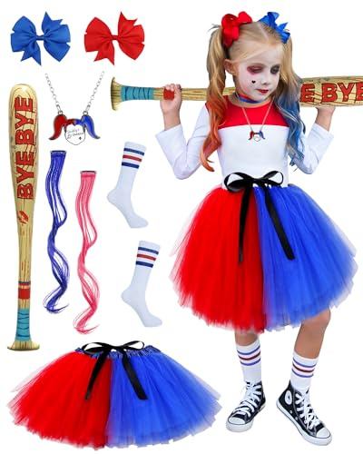 BIQIQI Quinn Kostüm Kinder, Quinn Cosplay Kostüm Tüllrock mit Haarschleife Aufblasbarer Baseballschläger Haare Bundle Socken Clownkostüm for Mädchen Halloween Karneval Fasching Cosplay