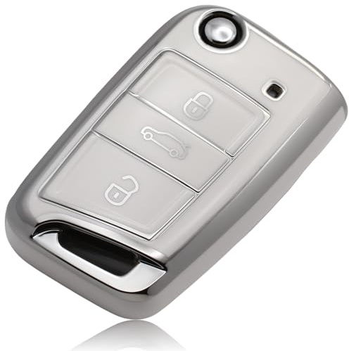 FOAMO Autoschlüssel Hülle Kompatibel mit VW Golf 7, SEAT, Skoda - TPU Schlüssel-Schutzhülle Weiß-Silber