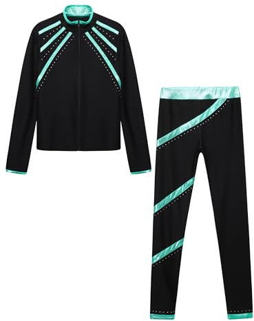Alvivi Kinder Mädchen Sport Set Trainingsanzug Langarm Sweatjacke + Hose Sport Leggings Glänzend Eiskunstlauf Anzug Yoga Gym Sportanzug Blau Grün 158-164