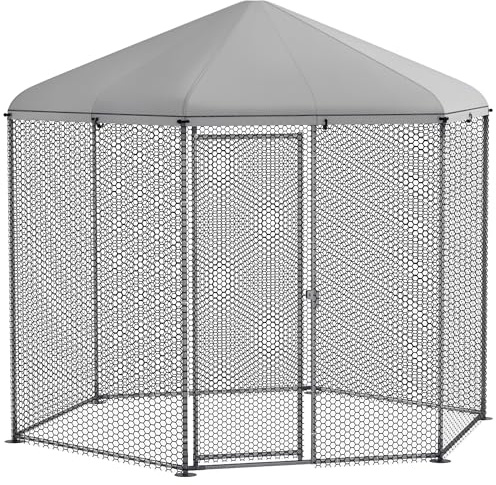 PawHut Recinto pollaio canile voliera esagonale da esterno 5 m² - recinto in filo metallico dim. 2,8L x 2,45l x 2,46H - superficie coperta - acciaio zincato - 5/8 galline