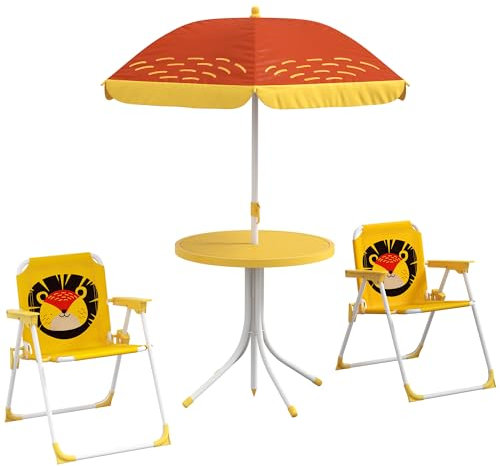 Outsunny Kids Bistro Set Children Table and Chair Set Garden Furniture Lion Themed 4 Pieces w/Adjustable Parasol, Foldable Chairs for 2-5 Years – Yellow