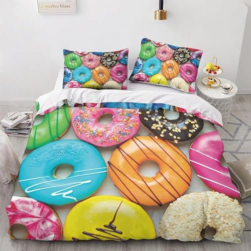 Copripiumino Matrimoniale 240x220 Ciambella, Set di Biancheria da Letto Dolce in Morbida Microfibra Stampata in 3D con Cerniera Copripiumone con 2 Federe 604-H