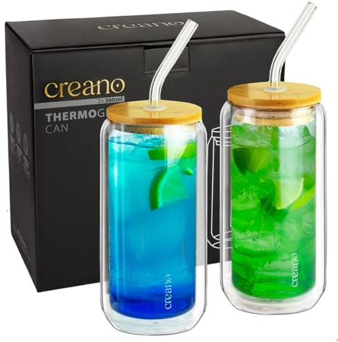 Creano dubbelväggiga dricksglas med bambulock och sugrör 360 ml – Smoothie-mugg – Bubble Tea – cocktailglas – set om 2