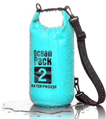 Dry Bag Wasserdichter Rucksack, Rollverschluss und Schultergurt, wasserdichte Handy-Tasche und Gürteltasche für Meer, Boot, Angeln, Rafting, Strand, Wassersport, Hellblau, borsa 2l, Wasserdichter