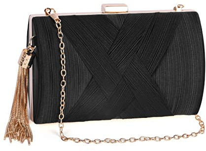 Satin-Clutch für Damen – Quasten-Anhänger, elegante Abend-Handtasche mit abnehmbarer Kette, Schwarz , 18cm x 11.5cm