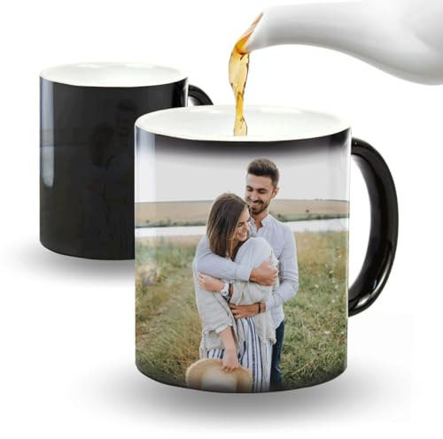 DEREGALOOS Taza mágica de cerámica Personalizada con Foto. Tazas personalizadas Regalo con Foto. Regalo Original Personalizado para San Valentín. Tazas Originales. (Negro brillo)