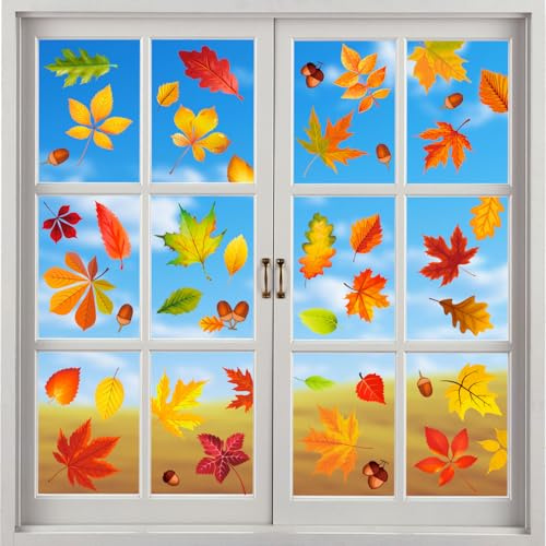 9 Stück Fensterbilder Herbst, Thanksgiving Herbstdeko Fenster Aufkleber, Ahornblätter Herbstblätter Deko Fenster Sticker, Herbst Fensterbilder Selbstklebend, für Kinderzimmer Cafés Party Glas Deko