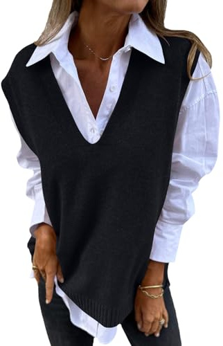 shownicer Femme Gilet en Tricot À Col en V Débardeur Décontracté sans Manches Gilet Tricoté Géométrie Couleur Unie Noir XL