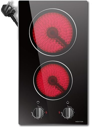 Noxton Plug in Ceramic Hob 2 Zone Knob Control with Black Glass 30CM Electric Hob, 2800W, 9 Power Levels