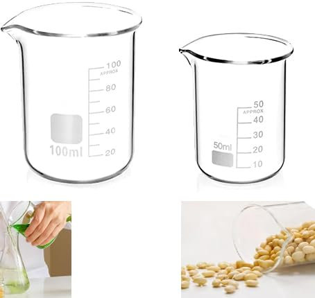 Lot de 2 verres doseurs gradués en verre - 50 ml - 100 ml - Pour tasses doseuses de laboratoire et cuisine