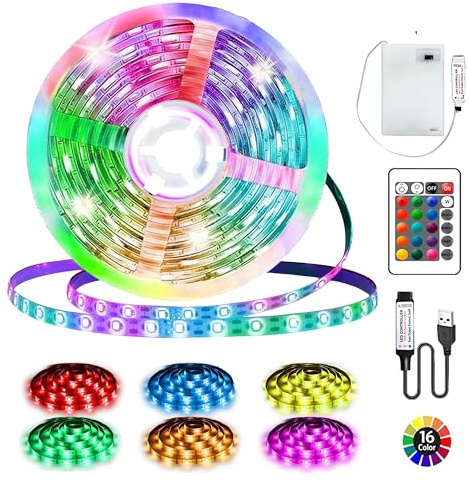 LED Streifen Batterie, 3 Meter 90LED Strip RGB 5050, Streifen Batteriebetriebene oder USB mit Ferndimmbar 16-Farben,Schneidbar für TV Hintergrundbeleuchtung,Schlafzimmer zu Hause,Schränke,Party Deko