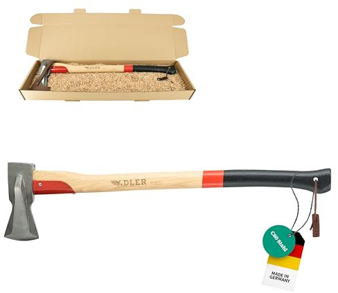 ADLER Spaltaxt inkl. Lederschutz: Geschmiedete Axt zum Holz spalten, Holzaxt mit C60-Stahlkopf & 80 cm Hickory-Stiel, Outdoor- & Forstaxt mit hoher Spaltwirkung, 3-Fach Verkeilung, Rot/schwarz, 2 kg
