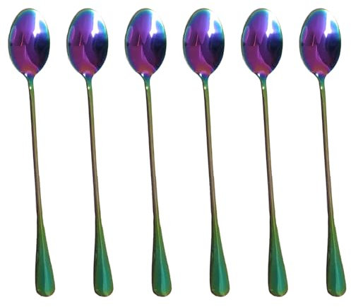 TAIHOBO Latte Spoons Long Handle, 7.76in Long Spoons for Latte Glasses, Dishwasher Safe Teaspoons Set of 6, Stainless Steel Sundae Spoons, Ideal for Ice Cream Espresso Cool Hot Drinks (Rainbow)