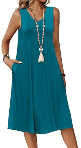 Zeagoo Womens Summer Dresses V-Neck Sundresses Casual Sun Dresses for Women UK Sleeveless Midi Dress Ladies Floral Beach Dress with Pockets Bluegreen XXL