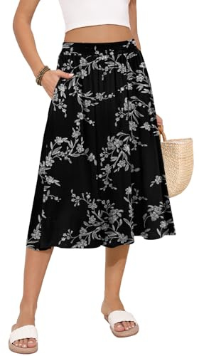 MLXSJ Women's Midi Skirt Summer Flowy Elastic High Waisted Casual Pleated Skirts with Pockets (White Floral Black, L)