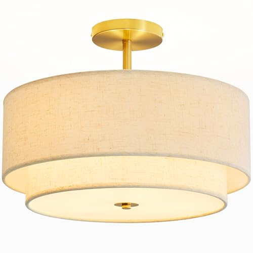 Dgroositon Double Drum 3 Light Semi Flush Mount Ceiling Light, Close to Ceiling Light Fixture, 16 Inch with Fabric Linen Shade, Gold Brass, for Living Room, Bedroom, Dining Room,Hallway and Entryway