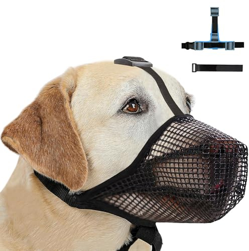 Muselière pour Chien, Masque Respirant pour Animaux Ajustable avec Sangles Velcro, Museliere Chiens de Grande Taille Muselière en Maille Douce pour Les Petits Chiens Taille Moyenne (Noir, L)