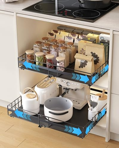 UMDONX 2 Pack Expandable Pull out Cabinet Organiser kitchen Cupboard Storage Drawers, No Drill Pantry Sliding Shelf Rack Adhesive Peel and Stick (Durable Metal Black Load 65LBS)
