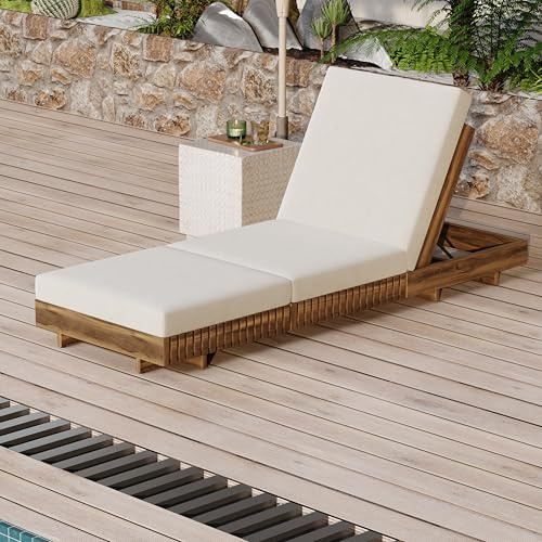 Christopher Knight Home Habers Acacia Wood Chaise Lounge with Triple Folds Cushion, Outdoor Sun Lounger with 6-Position Adjustable Backrest, 77'' Patio Recliner Chair for Poolside Backyard,Teak+Cream