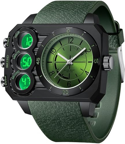 findtime Big Face Watch for Men Square Large Face Cool Mens Watches with Three Time Zone Countdown Alarm LED Stopwatch Unique Cool Wristwatch