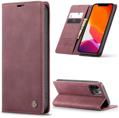 Phernykas Handyhülle für iPhone 12/12 Pro Hülle Leder,Magnetische Klapphülle mit kartenfach und Standfunktion Smartphone Schutzhülle Lederhülle iPhone 12 Pro Flip Book Case (Weinrot)