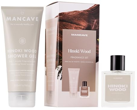 ManCave Hinoki Wood Fragrance Gift Set for Men, Aftershave Gift Set | 50ml EDT and 200ml shower gel duo, warm woody scent, fragrance kit for him