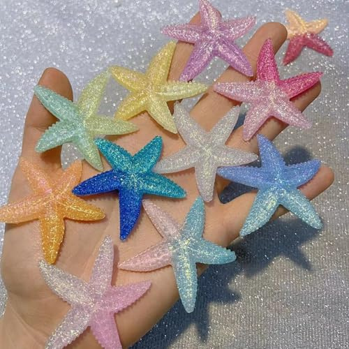 KARLOR 10 Stück 3D Seestern Deko, Leuchtend Seesterne groß Harz Kristall Schimmer Dekoration DIY Haarschmuck Accessoires Charms Kette Anhänger Zubehör Bastelzubehör Glow in Dark