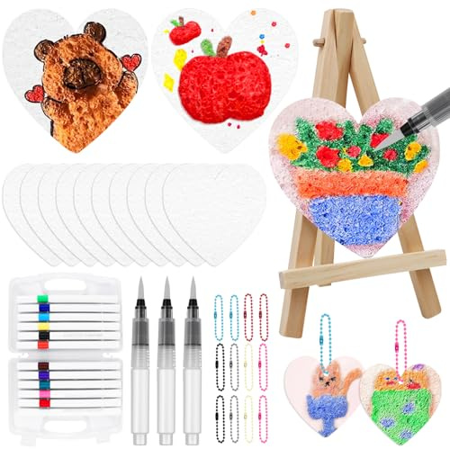 BSTDAYEVER Magic Puffy Paint Set Schaum Textur Malset Kinder Schwammbilder | Heart Schaumstoff Malset 3D Foam Texture Painting Paper mit 15 Malpapier 12 Farben Stifte 12 Bead String 3 Aquarellstifte