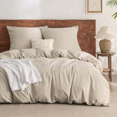 BEDSURE Bettwäsche 155x220 Baumwolle 3teilig - Sommer Bettwäsche-Sets Beige Bettbezug mit 2 Kissenbezüge 80x80 cm, Ähnliche Textur wie Washed Leinen, Oeko-TEX Bedding Set mit Reißverschluss