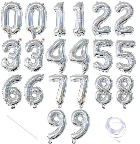 20 Pieces 2 Sets of 16 Inch Silver Number 0-9 Balloons – Foil Mylar Balloons for Custom Number Decorations, Birthday, Anniversary, Graduation, New Year, and DIY Party Decor