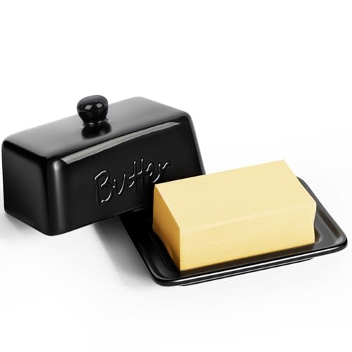 HONZUEN Beurrier Céramique avec Couvercle, Boîte à Beurre pour 500g et 250g, Beurrier Porcelaine Grande Capacité, Boîte à Beurre pour Frigo, Noir