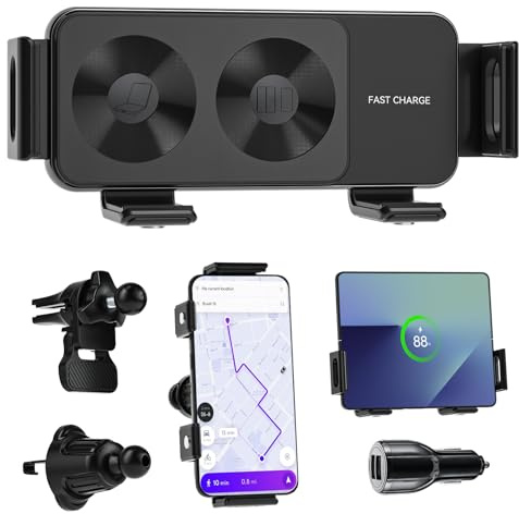 Olycism Soporte para teléfono móvil de 15 W Dual Coils QC 3.0 Fast Wireless Charger Auto con función de Carga para Z Fold/Flip 7/6/5/4/3 Puede rotar automáticamente el Coche Soporte de Coche