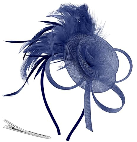 Mörkblå Fascinator Hårband för Kvinnor, Hårklämma med Fjäderblomma, Accessoar för Bröllop, Vårkapplöpningar & Trädgårdsfest