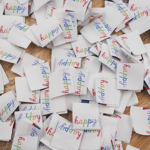 100 Stück Weblabels „Happy“,bunte Nählabels zum Annähen,eingewebtes Motiv,kein Druck,Webetiketten,Einnählabel,Label,Nähen,DIY Etiketten,Nählabel,Textiletiketten,Nähzubehör,Geschenkidee,Kinderkleidung