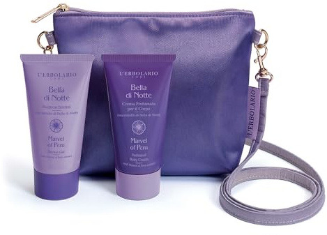 L’Erbolario Bella di Notte Beauty Pochette Piccole Meraviglie – Bagnoschiuma 75 ml + Crema Fluida Corpo 75 ml + Tracolla – EDIZIONE LIMITATA – fragranza dolcemente fiorita e vanigliata
