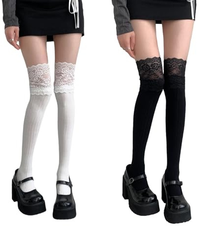 FOSDICK 2 Paia Calzini Lunghi Maglieria con Raffinato Pizzo Traforato, Calze Alti Al Ginocchio da Donna in Invernale, Calzini da Stivali Donna per Sport Lavoro Scuola Viaggio e Uso Quotidiano