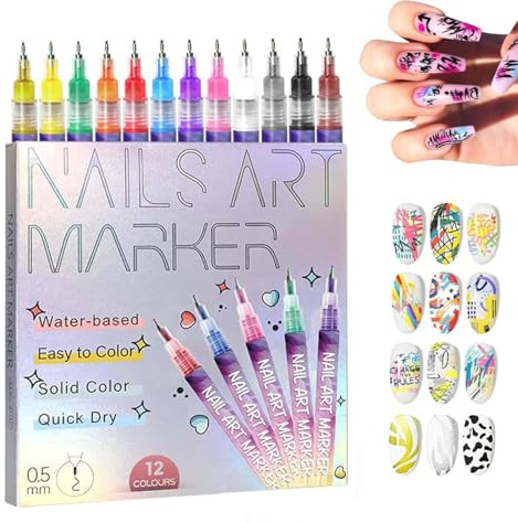 12 Colors Nail Art Pens for Gel Nails, Quick Dry Waterproof Nail Art Markers for Painting Nails, 3D Acrylic Paint Pen Set with Fine Tip for Dotting Liner DIY Manicure Tools (1 set)