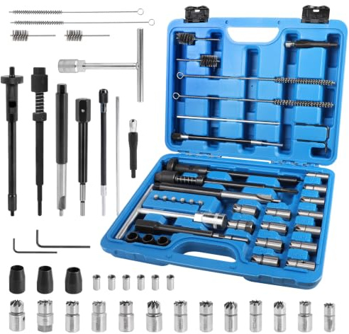EXLECO 35pcs Injektor Reinigungsset mit 13 Fräsern, 19mm Injektorfräser | Injektoren Dichtsitz Fräser Satz für Diesel Einspritzdüsen Reinigung & Reparatur, Injektorsitz Glühkerzen Schacht Reinigungs